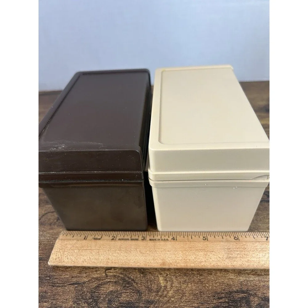 Vintage Plastic Recipe Card File Boxes Brown Tan Mid Century Set of 2 Lot Office